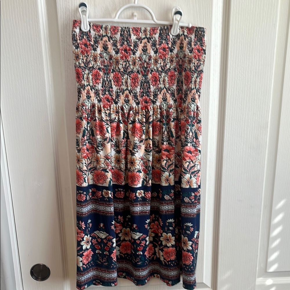 Red and Blue Strapless Maxi Dress with Smocked A-Line Style